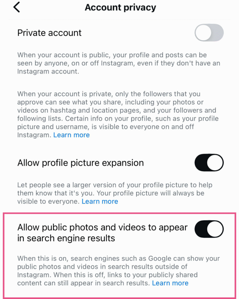 Instagram Settings, How to allow indexing in Google Search